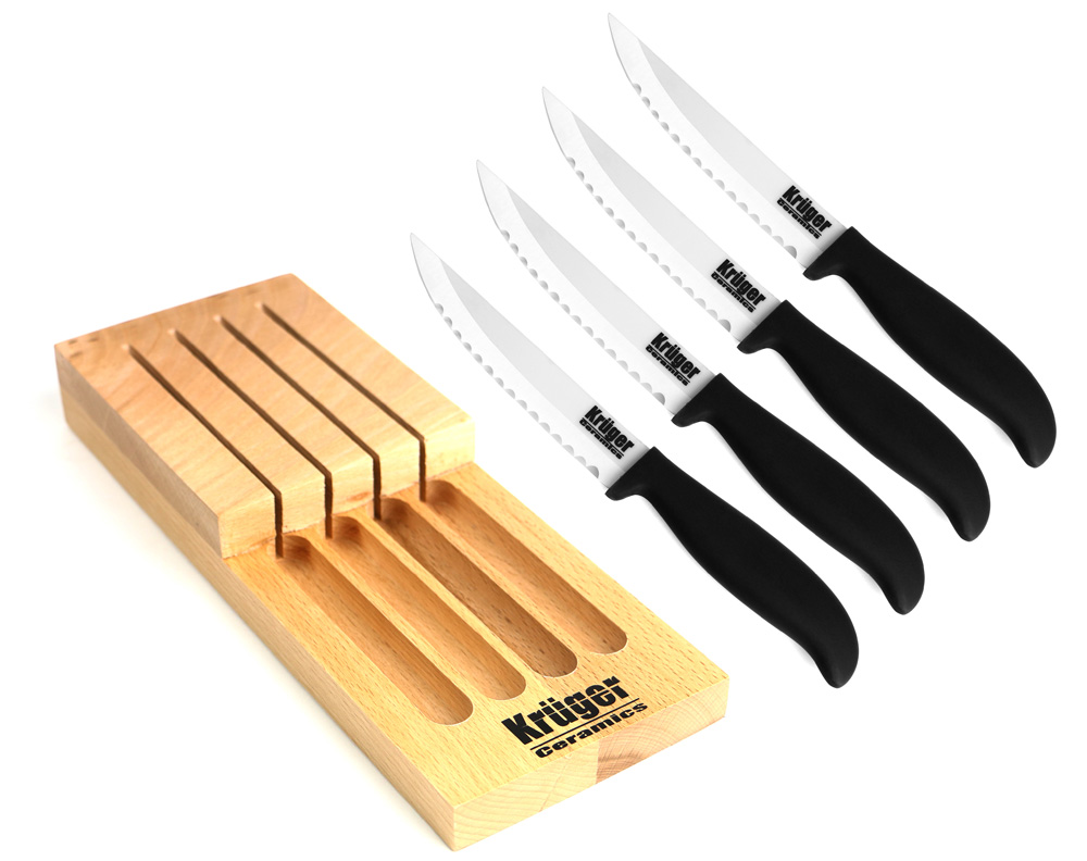 Kruger Ceramics 4 Steak Knife White Ceramic Knives Set with Block Holder